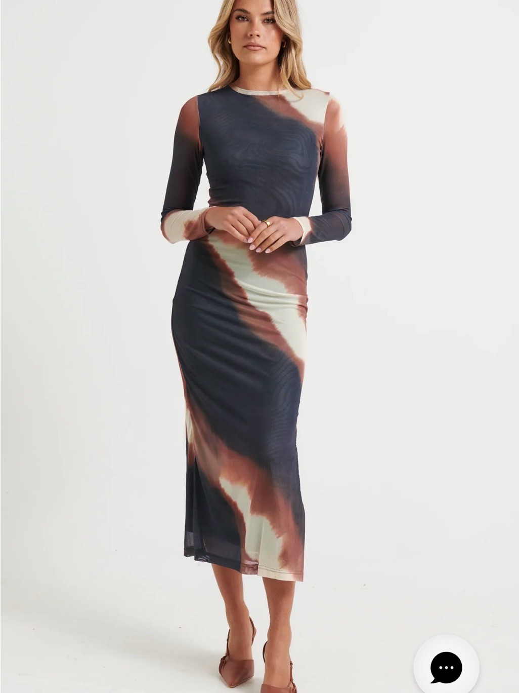 Amaya Midi Dress Mara Long Sleeve Tie-Dye Bodycon - Gray & Brown — image 2 of 6